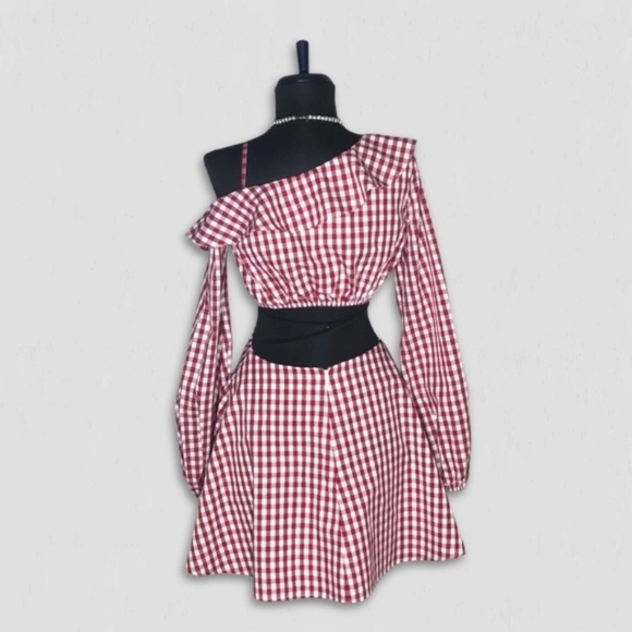 Lovers and Friends Gingham Red One Shoulder Mini Dress M - Picture 4 of 16